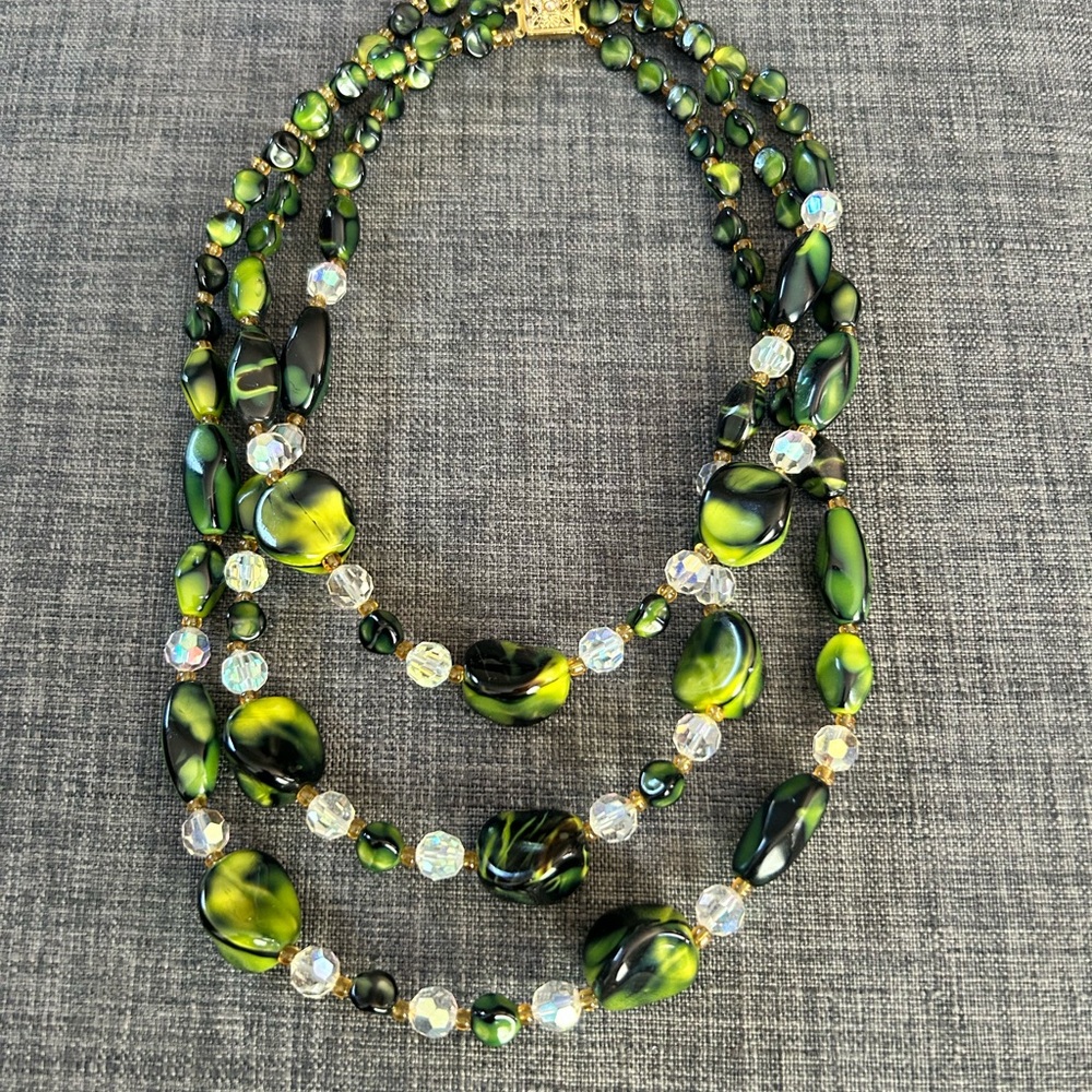 Green and Gold Multi-Strand Necklace with Cascading Beads